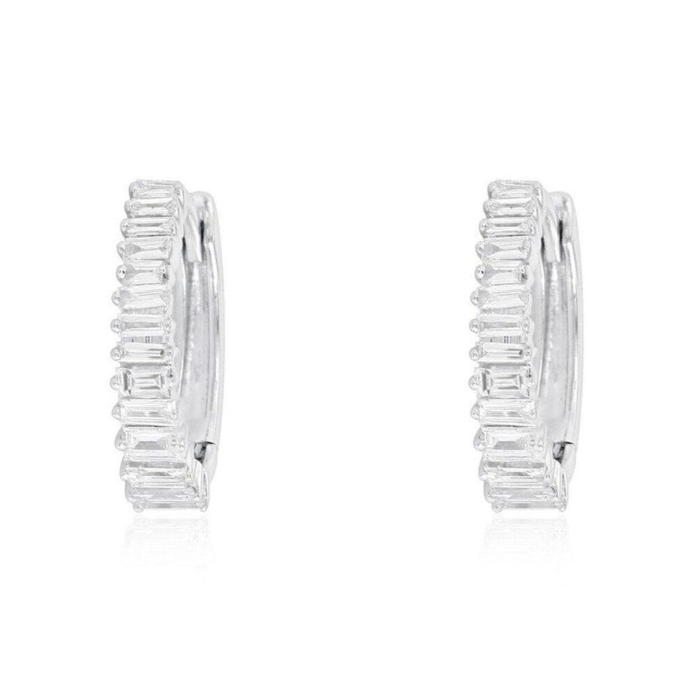 15mm Baguette Diamond 14K (or 18k upon request) White Gold Pave Huggie Earrings